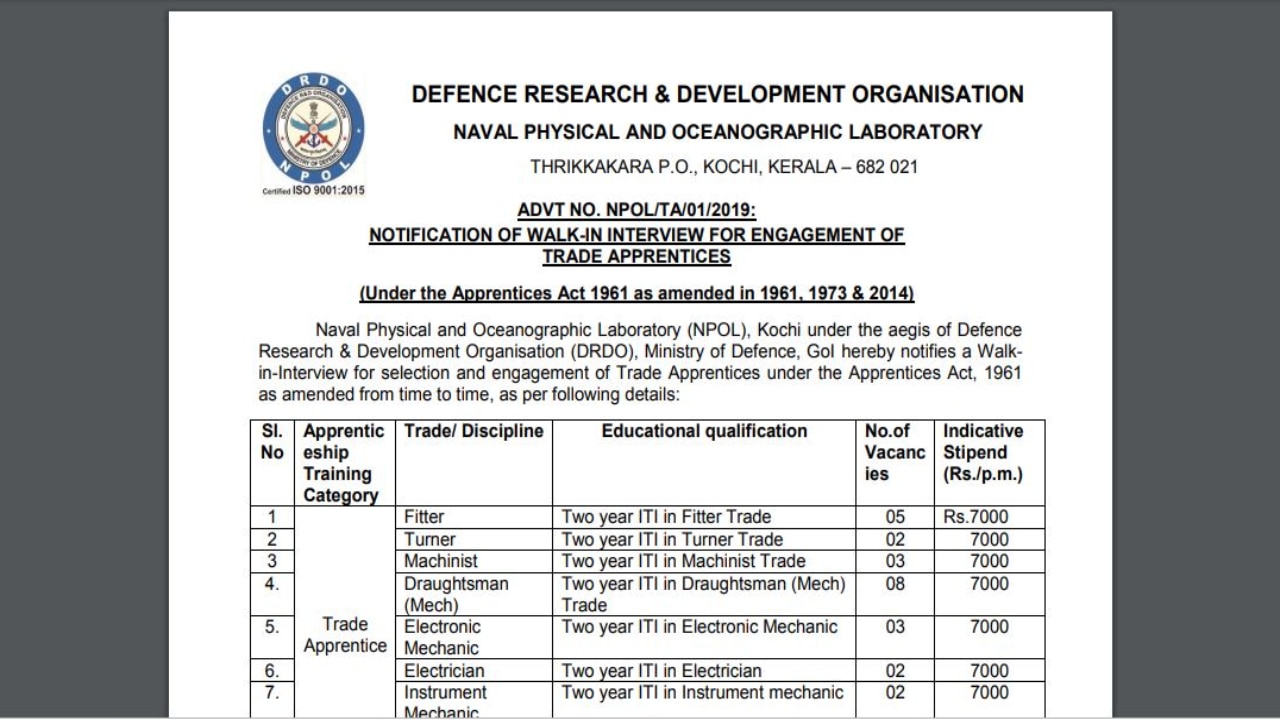 DRDO Recruitment 2019 Applications Invited To Fill 30 Trade