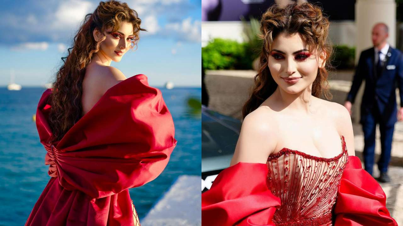 In Pics Urvashi Rautela Sizzles In Red Strapless Gown At Cannes Film