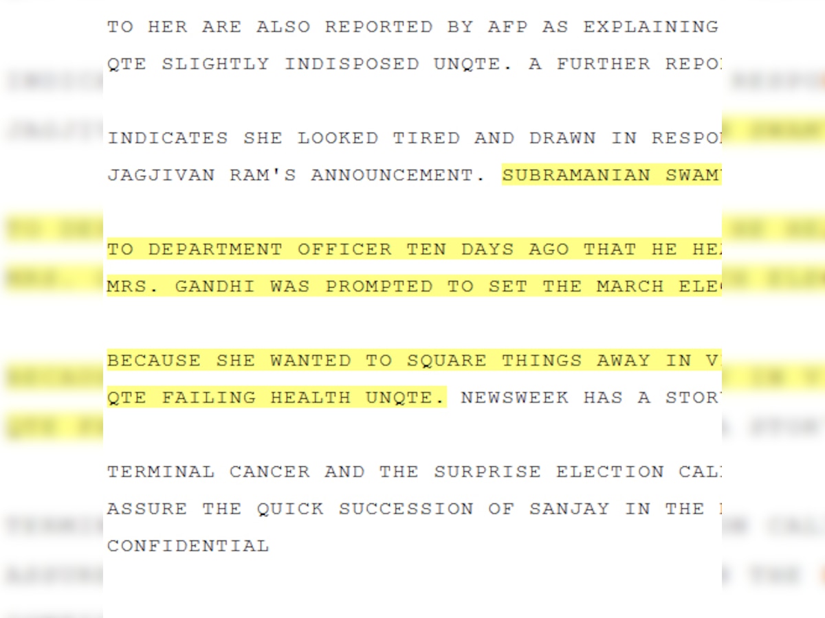 WikiLeaks says Subramanian Swamy passed on Indira Gandhi's election strategy and health details to the US