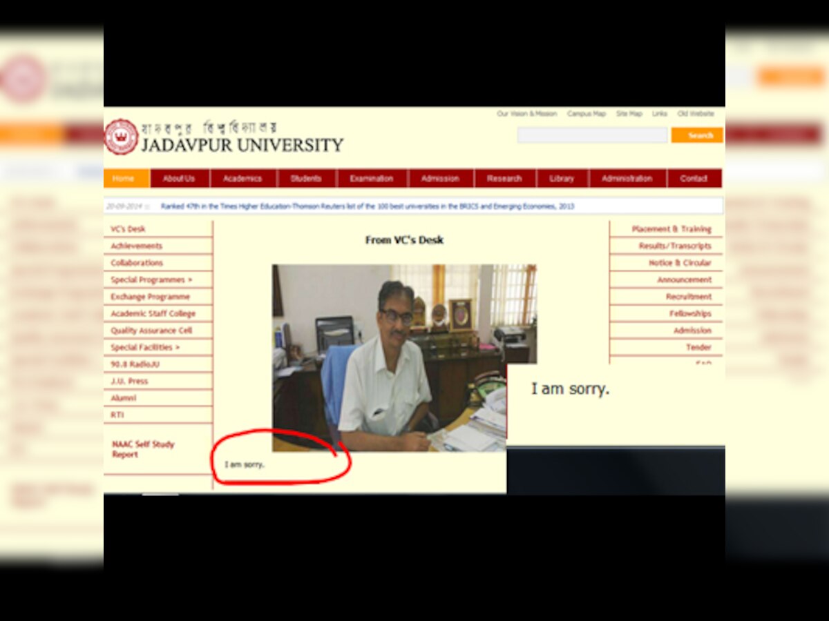 Jadavpur University website shows vice chancellor apologising, authorities claim it was hacked