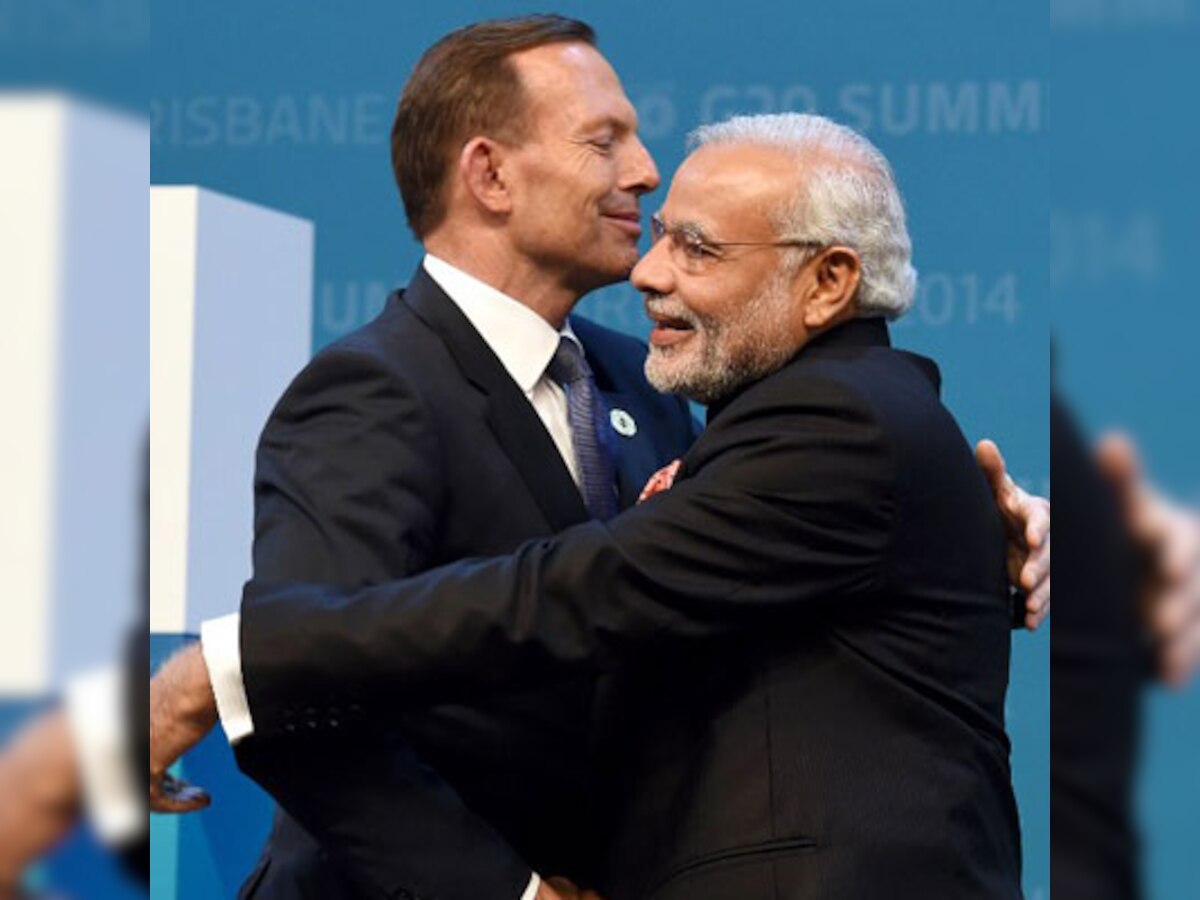 Australian PM Tony Abott welcomes PM Narendra Modi at G20 summit with warm hug