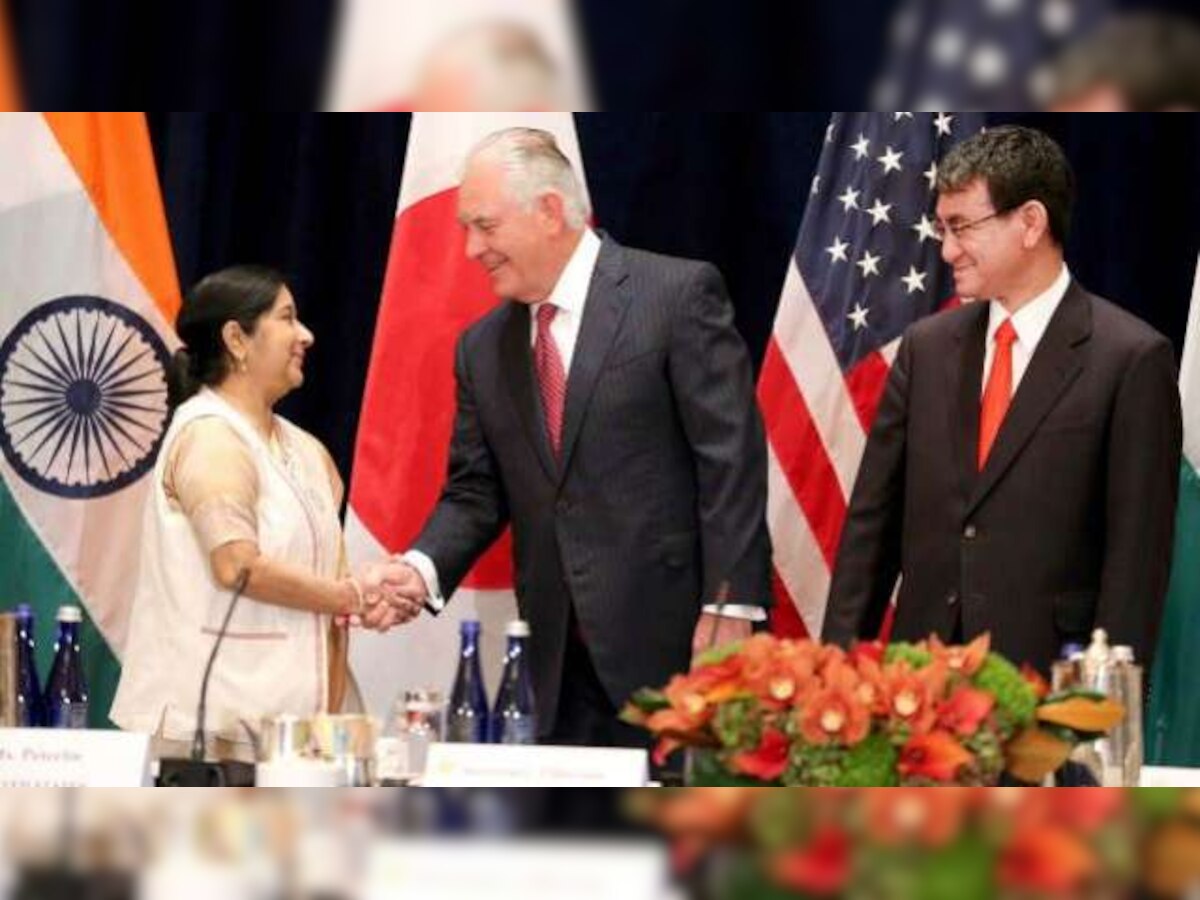 Sushma Swaraj arrives in NY, holds trilateral meet with Japan, US FMs
