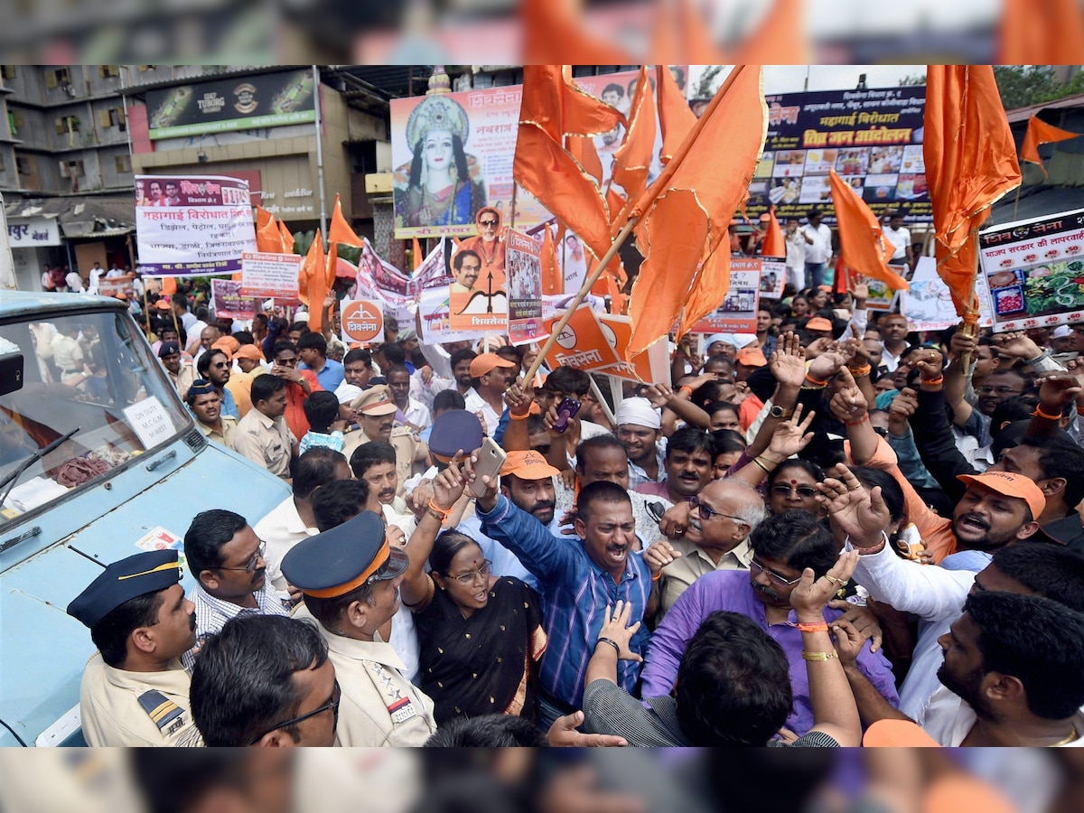 Mumbai: BJP ally Shiv Sena raises slogans to protest rising fuel prices