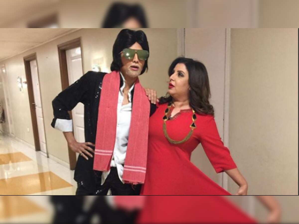 Any guesses? Farah Khan poses with an actress dressed up like Amitabh Bachchan on 'Lip Sing Battle'