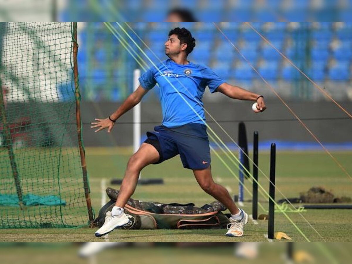 Kuldeep Yadav bowls with wet ball in nets to counter dew