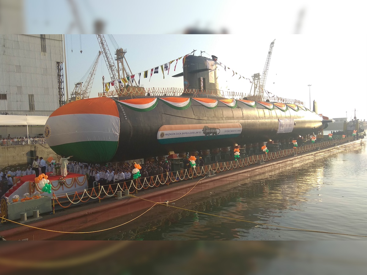 Third Scorpene class submarine INS Karanj launched at Mumbai's Mazagon Docks