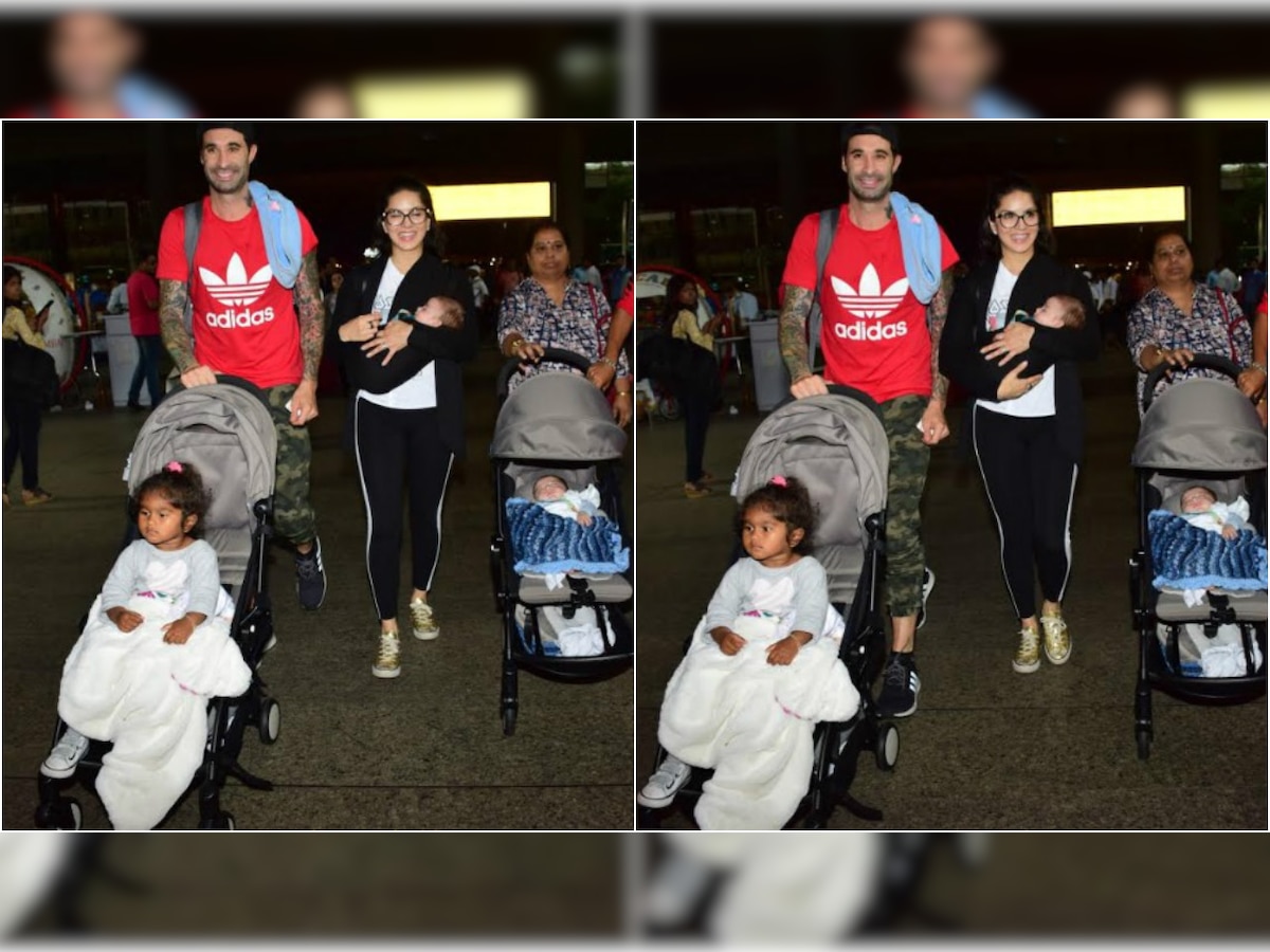 In Pics: Sunny Leone and hubby Daniel Weber make first public appearance with their newborn twins and baby Nisha