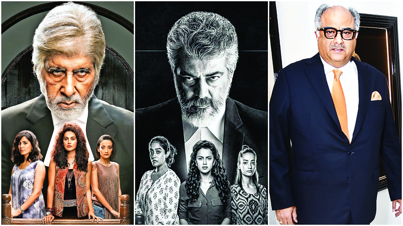  (From L-R) The poster of Pink; Nerkonda Paarvai's poster; and Boney Kapoor 
