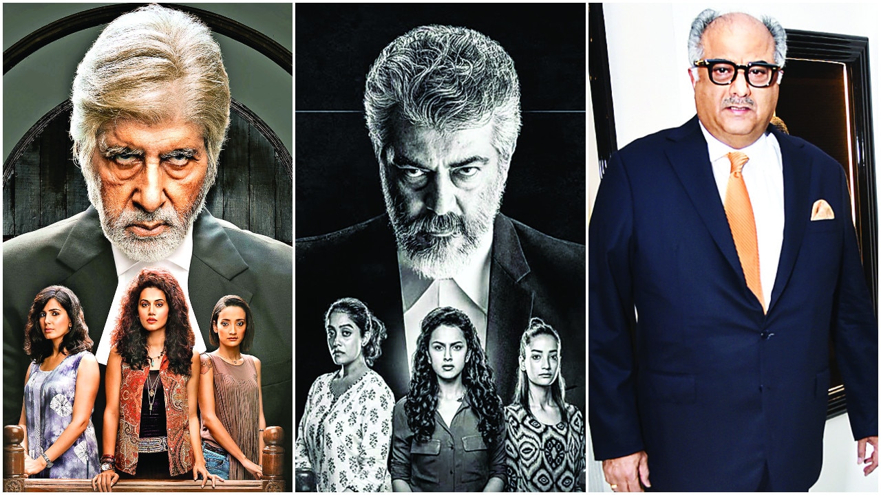(From L-R) The poster of Pink; the poster of Nerkonda Paarvai; and Boney Kapoor