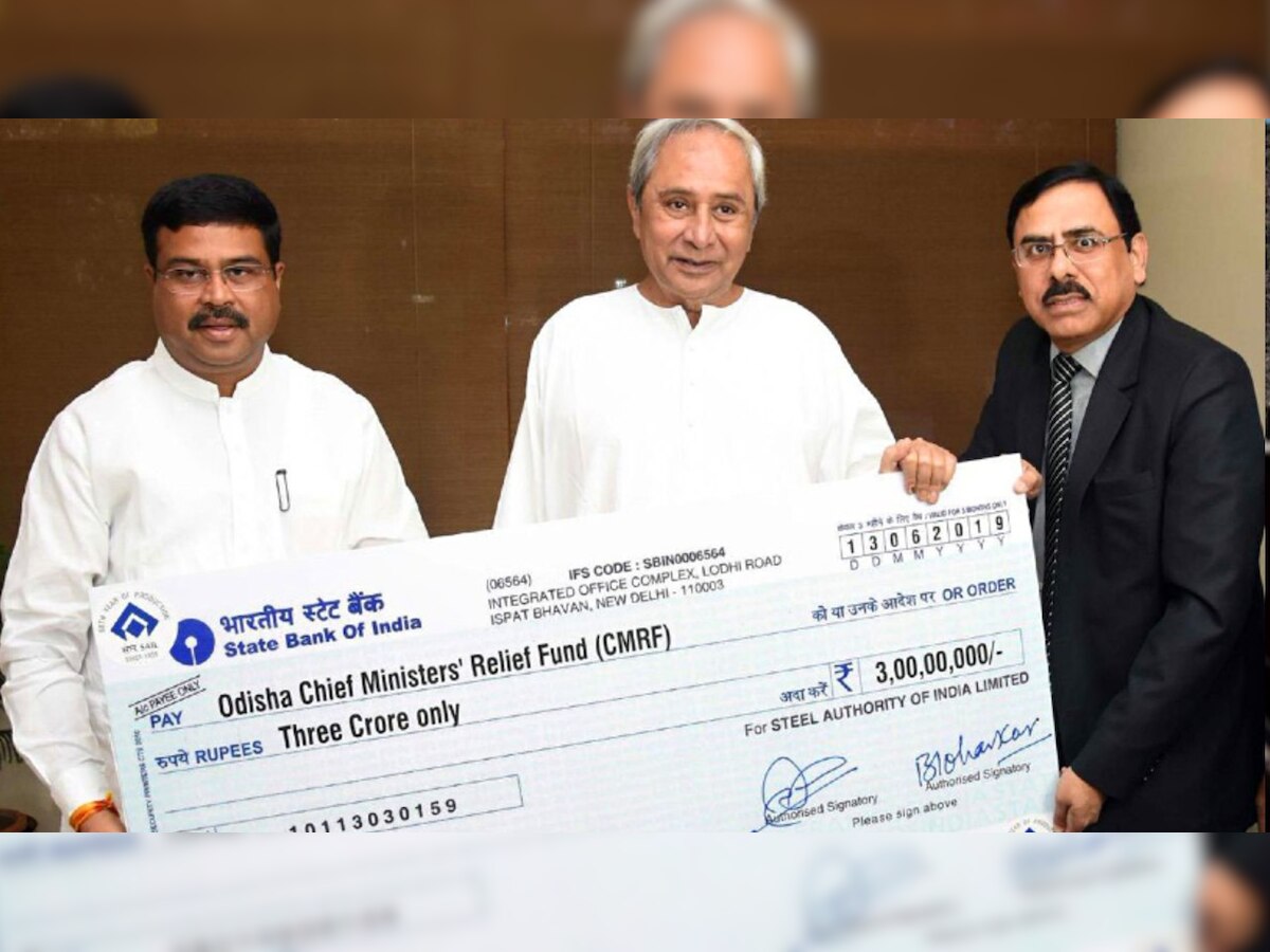 Dharmendra Pradhan, SAIL chairman donate Rs 3 crore cheque to Odisha CM's relief fund