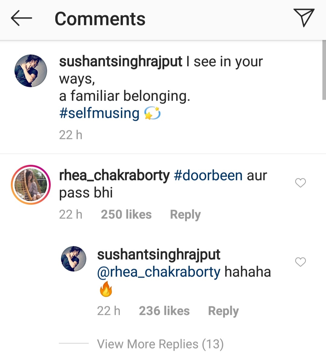 Rhea Chakraborty and Sushant Singh Rajput's banter on his Instagram post