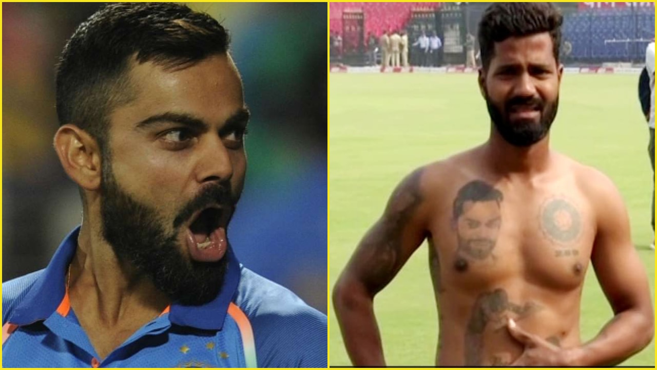 Virat Kohli embraces fan with jersey number achievements tattooed on his  body