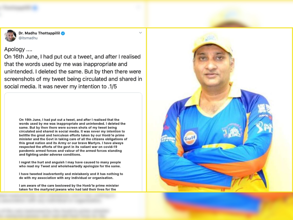 Ladakh face-off: Suspended CSK team doctor Madhu Thottappillil issues apology for his 'PM Cares' post