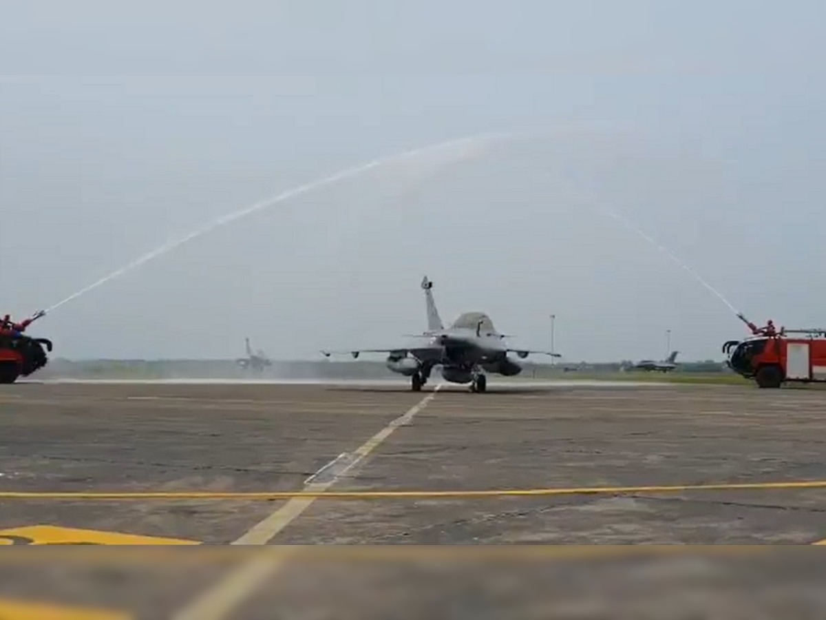 Watch: Five Rafale fighter jets land at Ambala airbase, given ceremonial water salute
