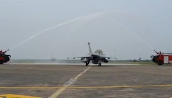 Watch: Five Rafale fighter jets land at Ambala airbase, given ceremonial water salute