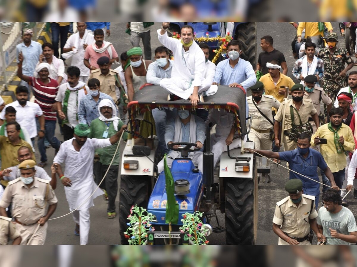 Farm Bills: RJD leader Tej Pratap sits atop tractor driven by brother Tejashwi during protest in Patna