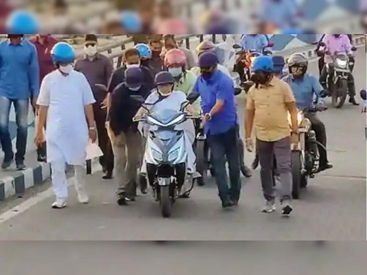 Watch: West Bengal CM Mamata Banerjee nearly falls while driving e-scooter