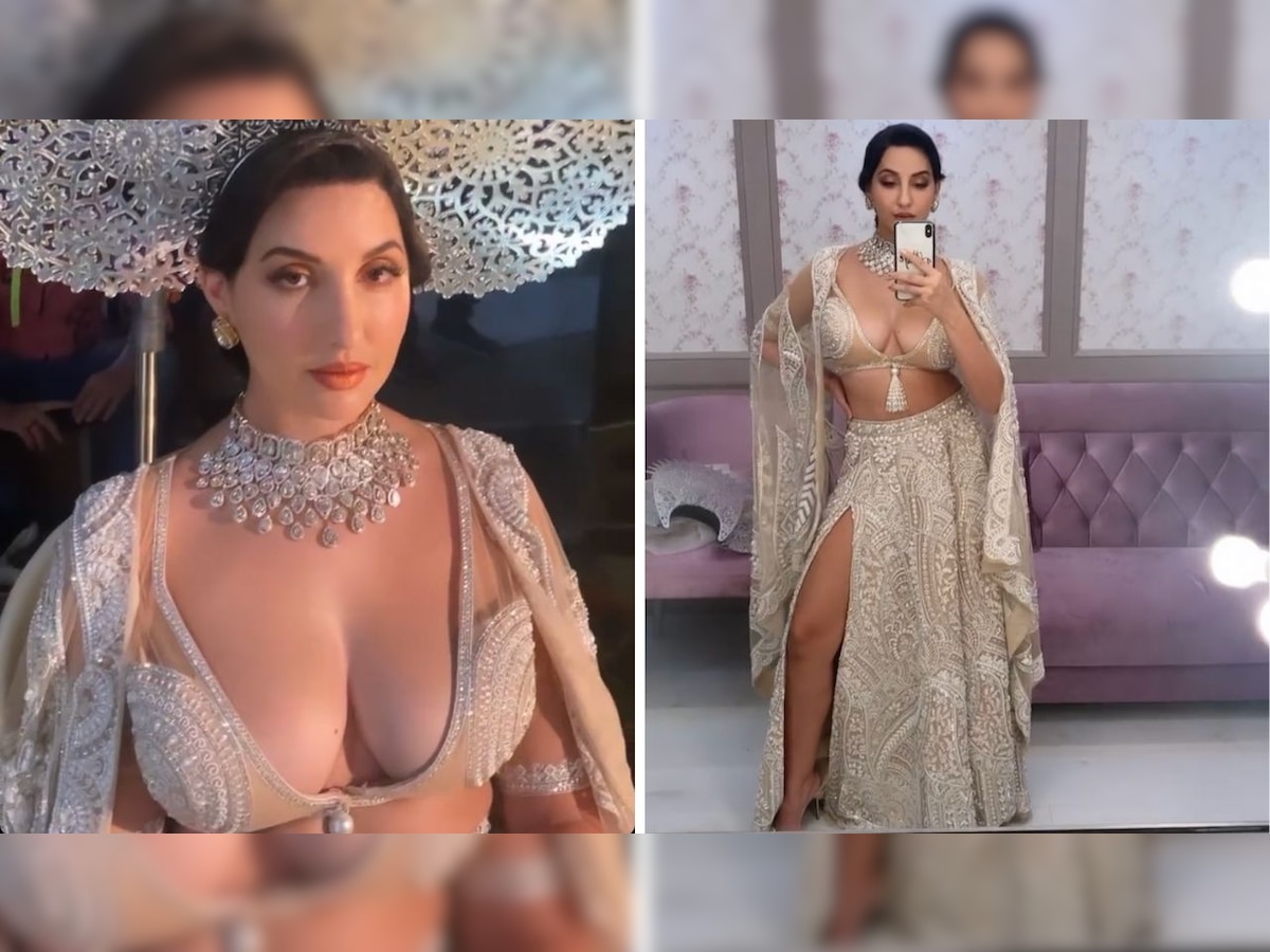Nora Fatehi Xxx Sex - Nora Fatehi looks sexy in bralette with plunging neckline, skirt with  thigh-high slit from Abu Jani Sandeep Khosla
