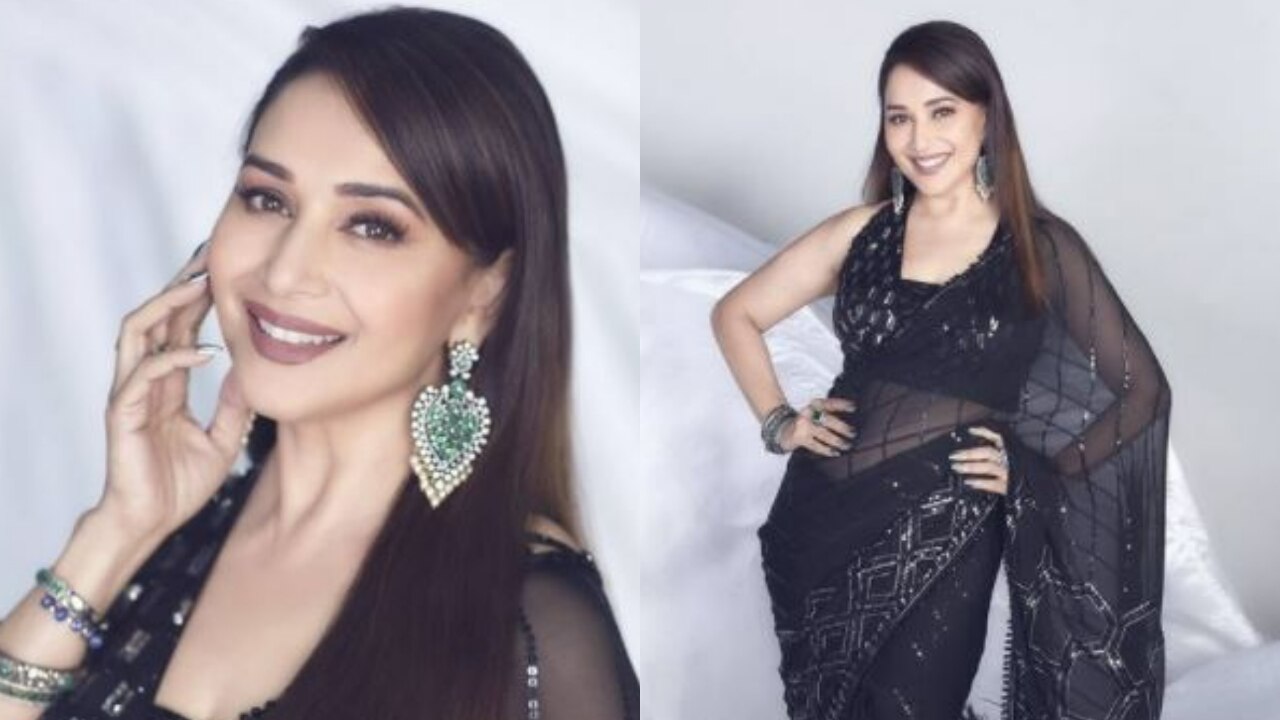 Buy Celebrity Madhuri Dixit Style Black Color Cut Work Saree | keerramnx