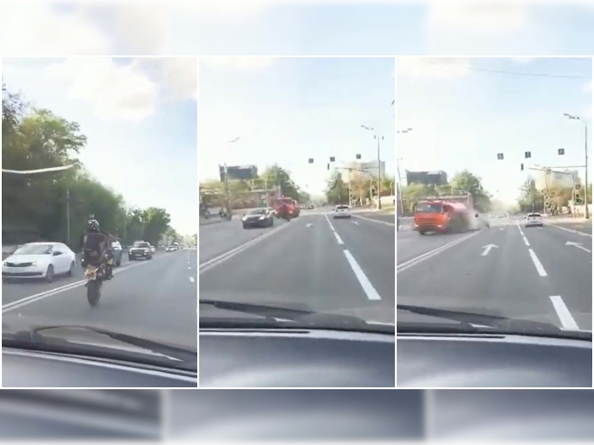 WATCH: Biker performing wheelie stunt collides with tanker, video goes viral