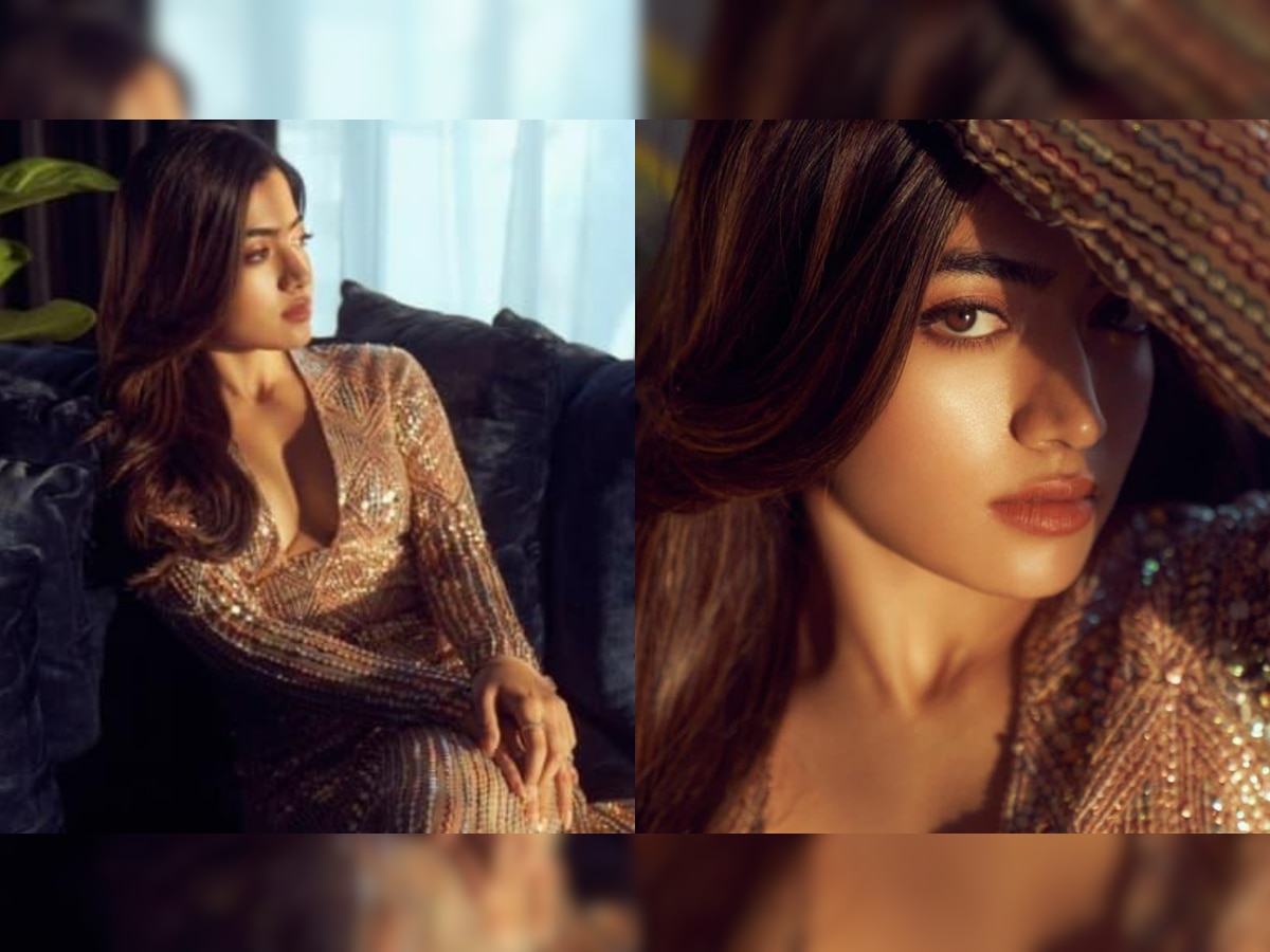 Reshmi Nude Photos - Rashmika Mandanna looks sizzling HOT in golden gown with plunging neckline,  see pics