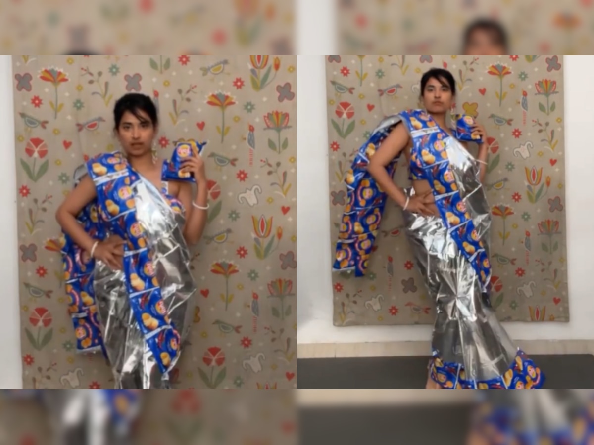 Girl wears saree made of potato chips wrappers, gets trolled - WATCH viral video