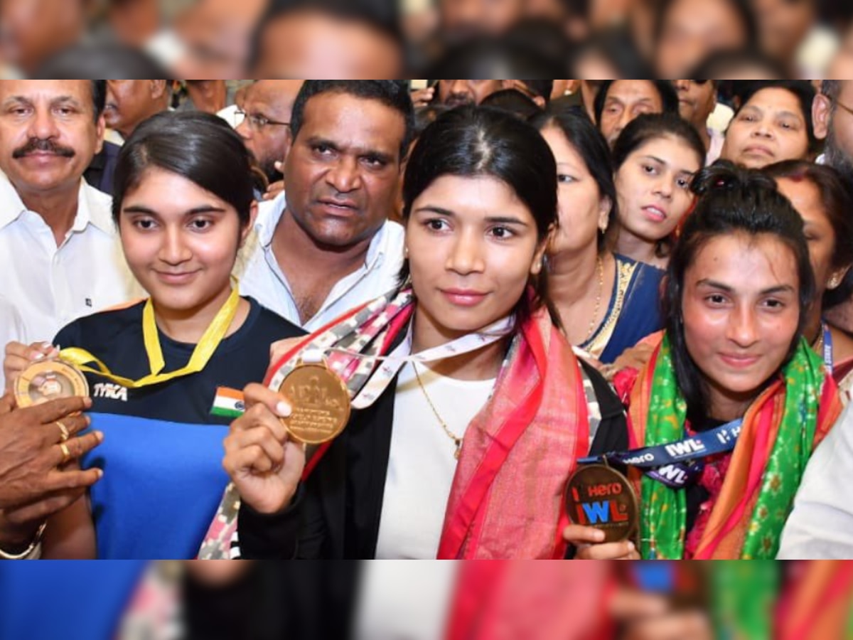 World Champion Nikhat Zareen gets grand welcome at Hyderabad Airport