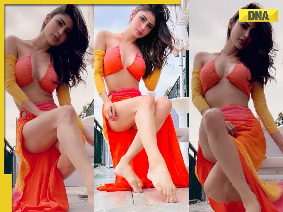Sexy Video Nangi Tasveer Video - Mouni Roy sets internet on fire in sexy orange bikini, thigh-high slit  dress during vacation, watch viral video