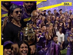 Watch: Shah Rukh Khan, Gauri, Suhana pose with IPL trophy, recreate Harshit Rana's flying kiss gesture after KKR's win