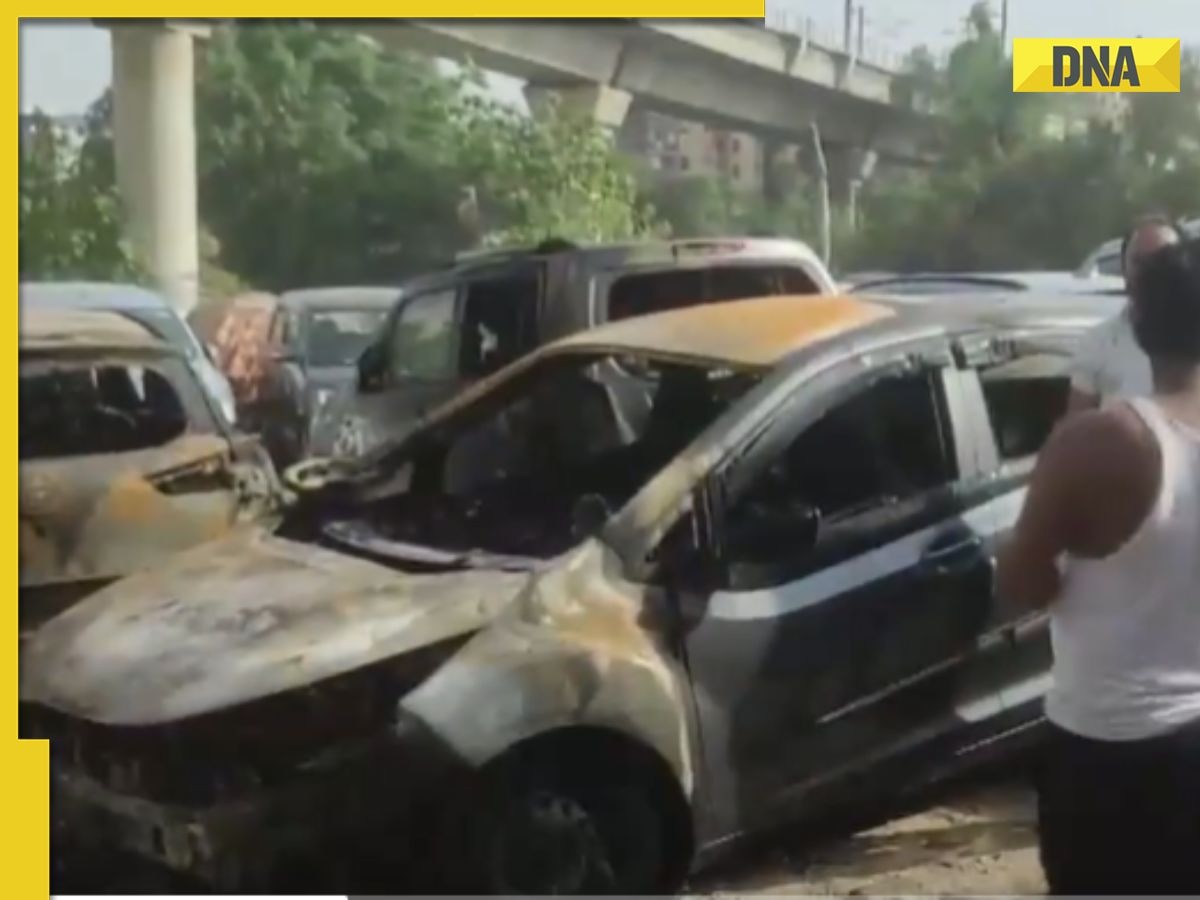 Watch viral video: 17 cars gutted as fire erupts at parking lot in Delhi