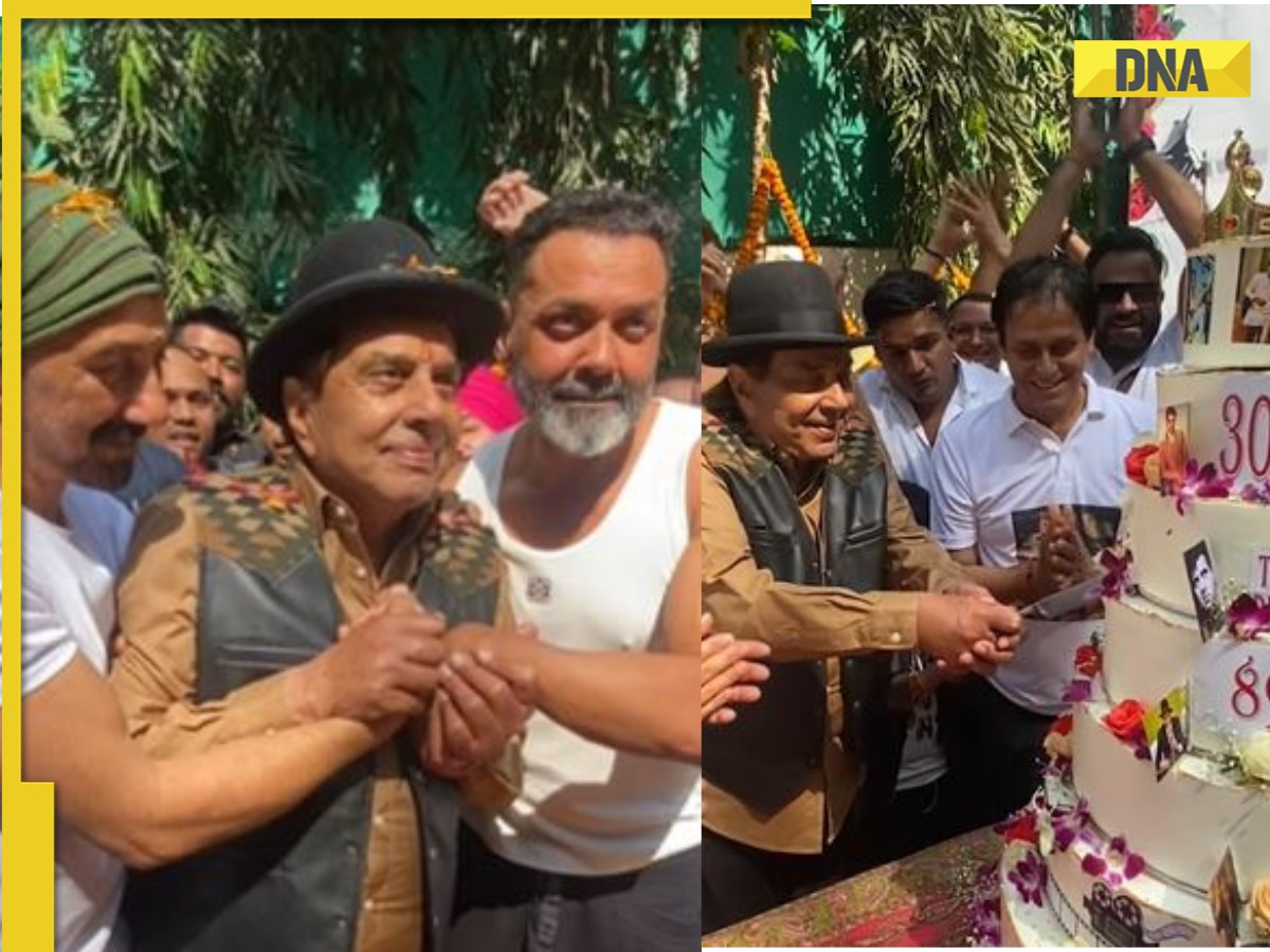 Bobby Deol, Sunny Deol hold father Dharmendra as he celebrates his 89th birthday with fans, cuts 7-tier cake
