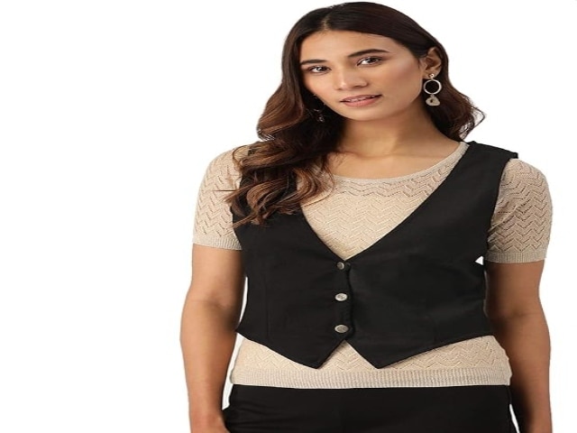 Cottinfab Women Black Solid Lightweight Waistcoat