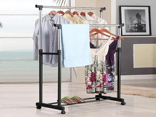 Double Pole Portable Clothing Hanging Garment Rack