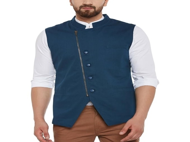 HYPERNATION Blue Color Side Zipper Waistcoat 