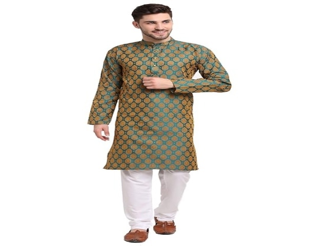 Jompers Men Green Jacquard Woven Design Kurta Pyjama