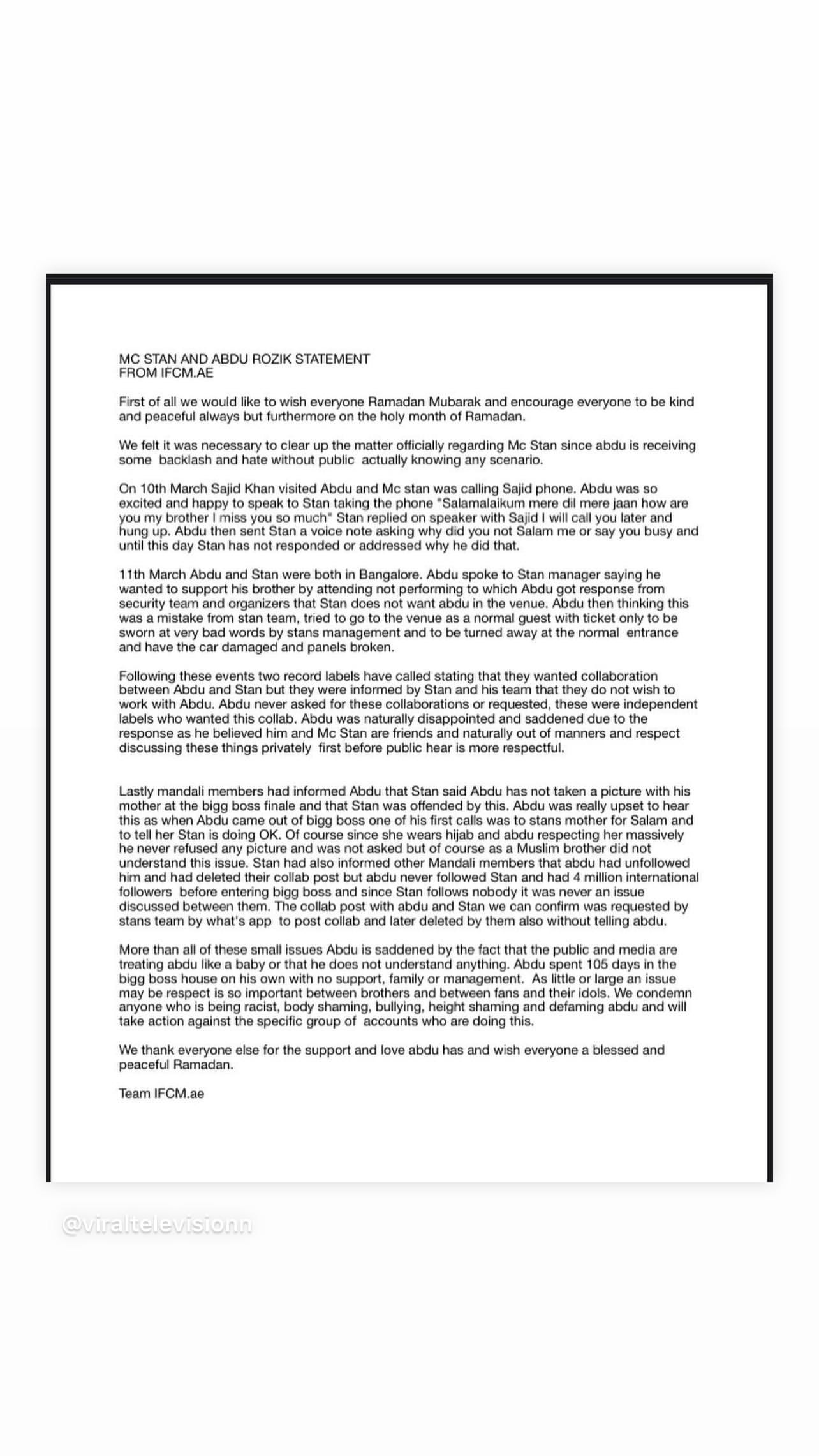 MC Stan Abdu Rozik Fight Statement