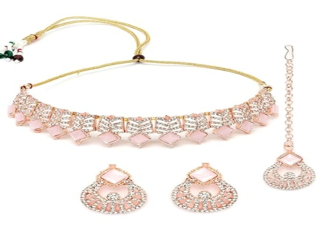 Sukkhi Seaside Gold Plated Pink AD Stones & Beads Choker Necklace