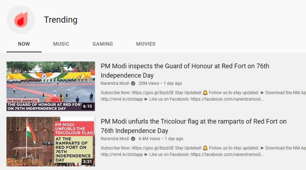 YouTube ट्रेंडिंग में पहुंचे स्वतंत्रता दिवस के वीडियो