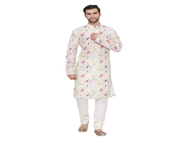 VASTRAMAY Men's Cream Silk Blend Kurta Pyjama