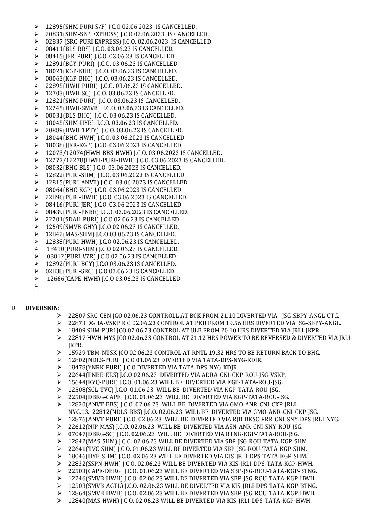 Cancelled Train List