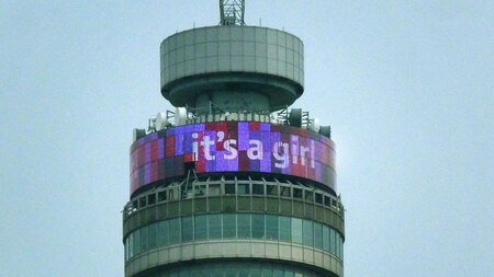 A computerised message stating 'it's a girl' is broadcast from the BT Tower announcing the birth of the royal baby girl.