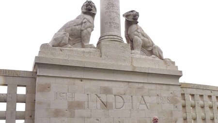 Indian Prime Minister Narendra Modi standing at the World War I Indian memorial of Neuve-Chapelle-Richebourg, northern France, on April 11, 2015.