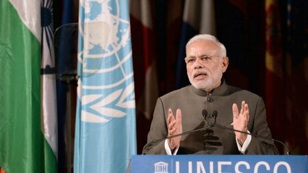 Indian Prime Minister Narendra Modi delivers a speech on April 10, 2015 at the UNESCO building in Paris.