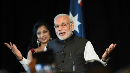 Indian Prime Minister Narendra Modi speaks during a reception by Australian Prime Minister Tony Abbott.