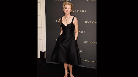BVLGARI brand ambassador Naomi Watts wore a strappy black Rochas dress to attend an event at Cannes (getty)