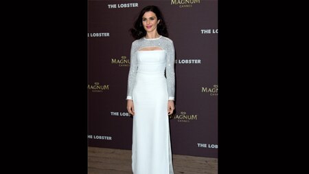 Rachel Weisz opted for a white Louis Vitton column dress with full sleeves and side slit. (getty)