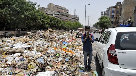 Piles of garbage cover more than half the road near Akshardham in Delhi
