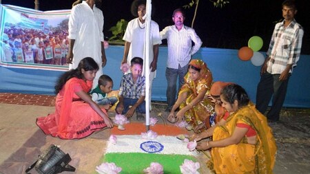 People of Mashal Danga Enclave celebrate with tricolor rangoli near India- Bangladesh border