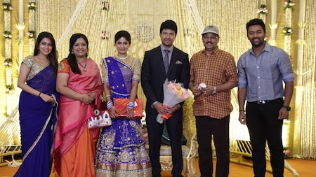 Bhagyaraj attended the reception with wife Poornima Bhagyaraj and son Shantanu Bahgyaraj