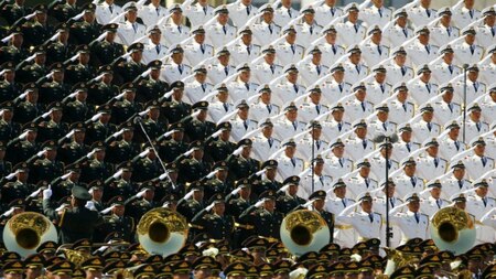 Soldiers of china in their different attire, saluting and playing music